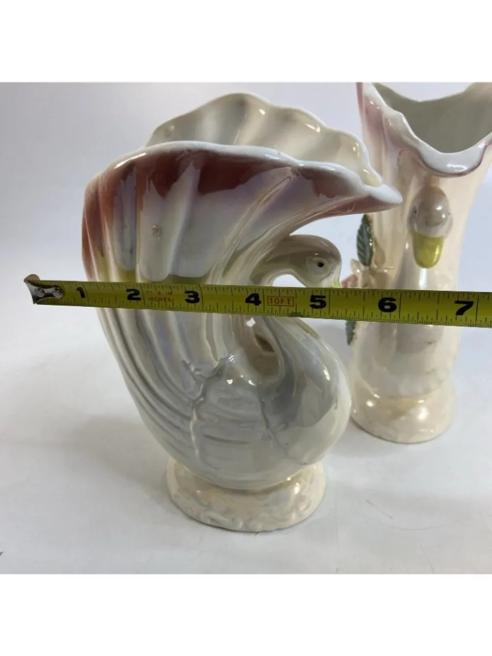 2 Sophia Ann Swan Flower Vase Pearled Iridescent Pink White Floral 8 x5in Taiwan